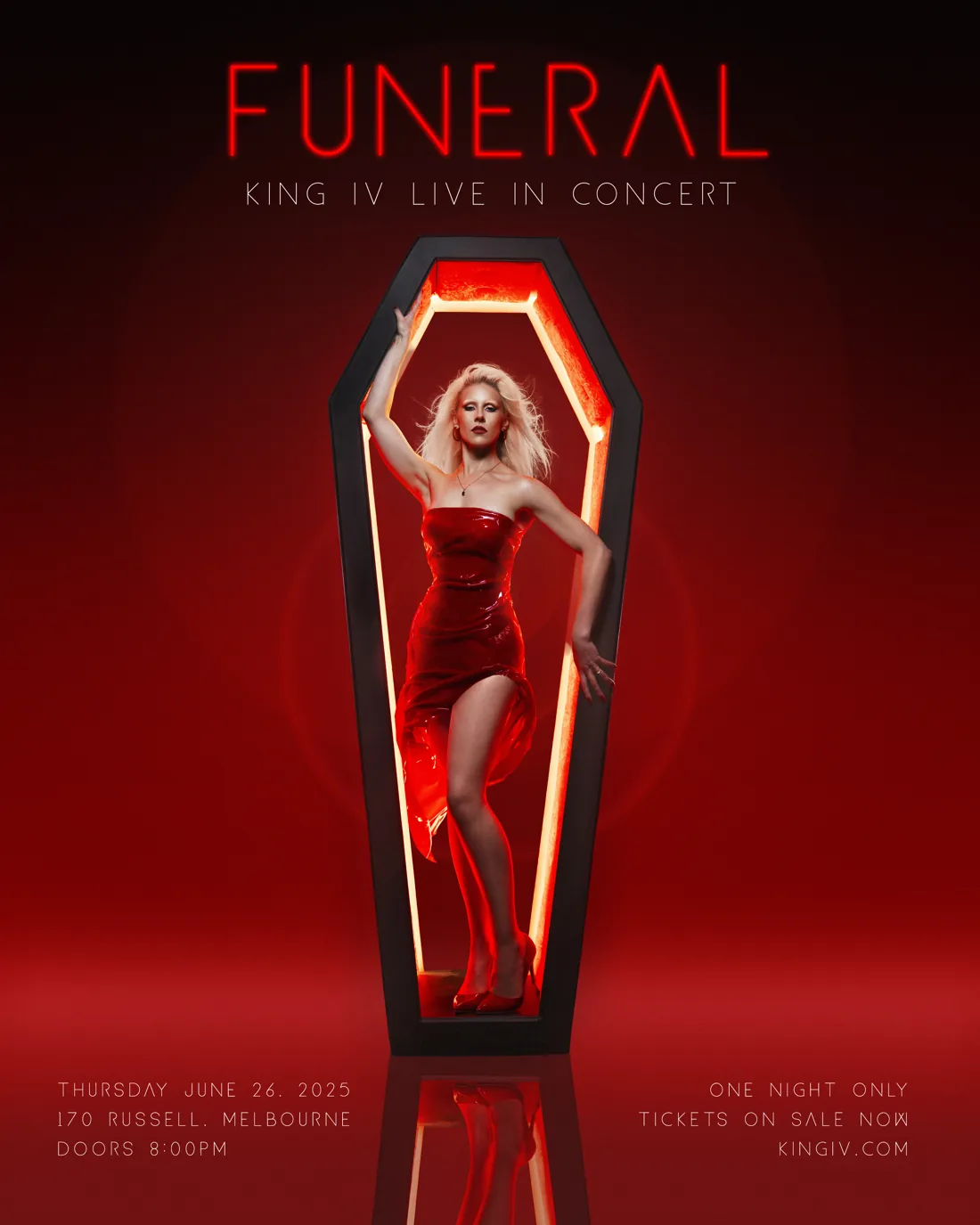 The FUNERAL poster: KING IV standing inside a glowing red coffin