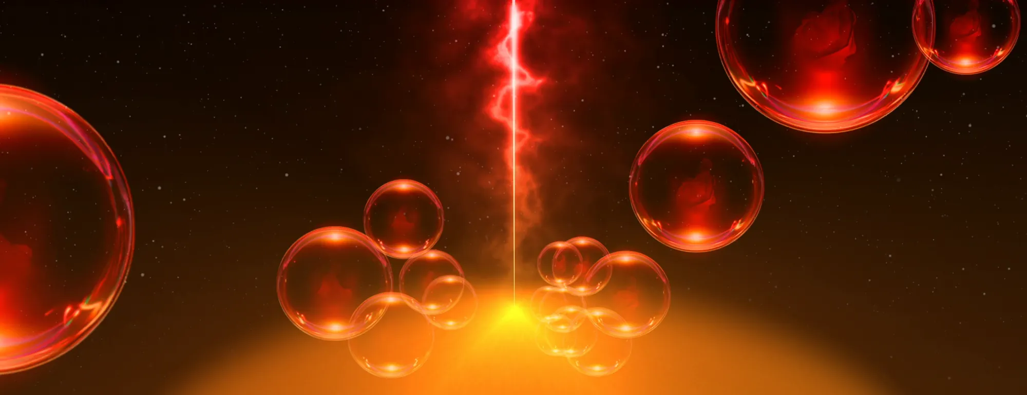 Screen content: red bubbles drifting over a golden horizon