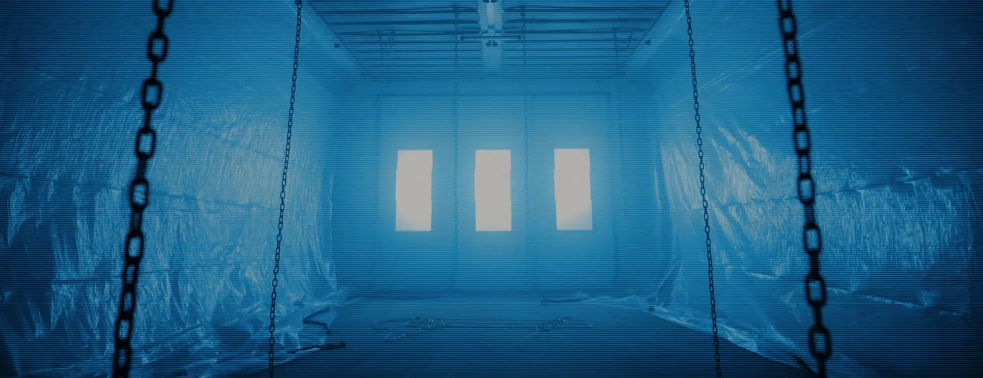 Screen content: an icy blue freezer with hanging chains