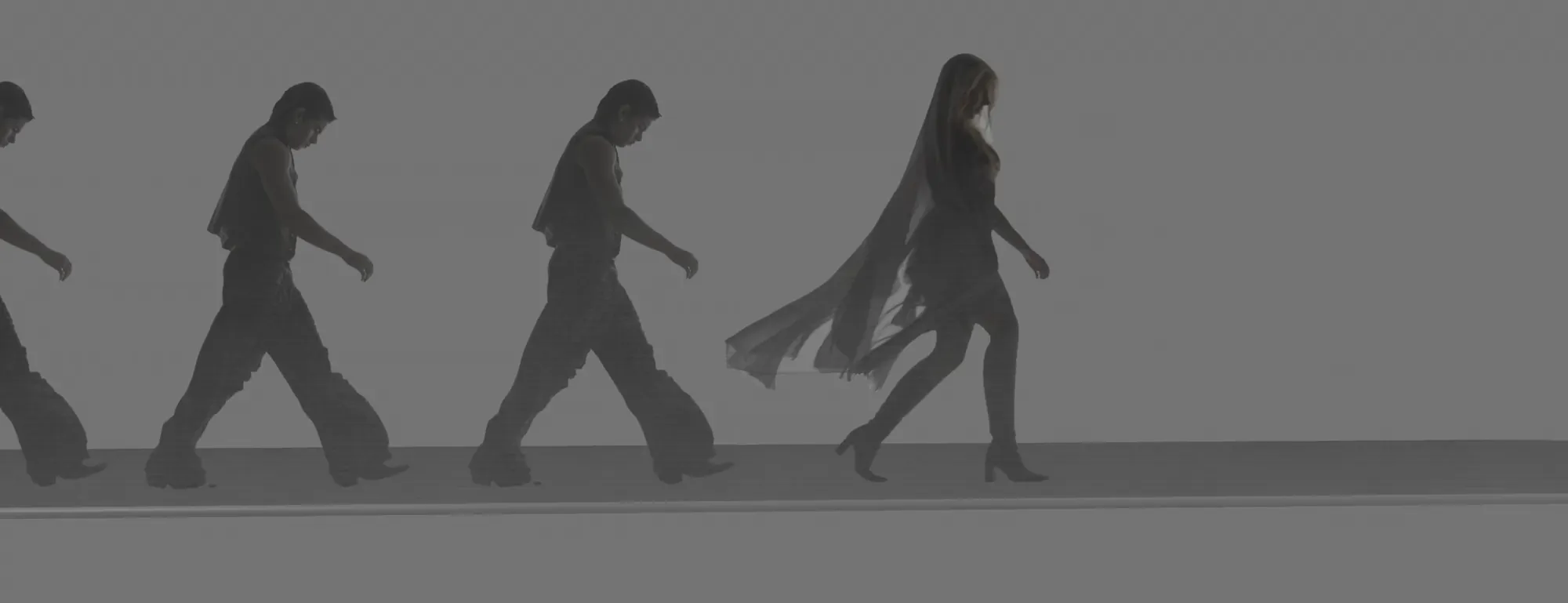 Screen content: grey beings marching across a grey void