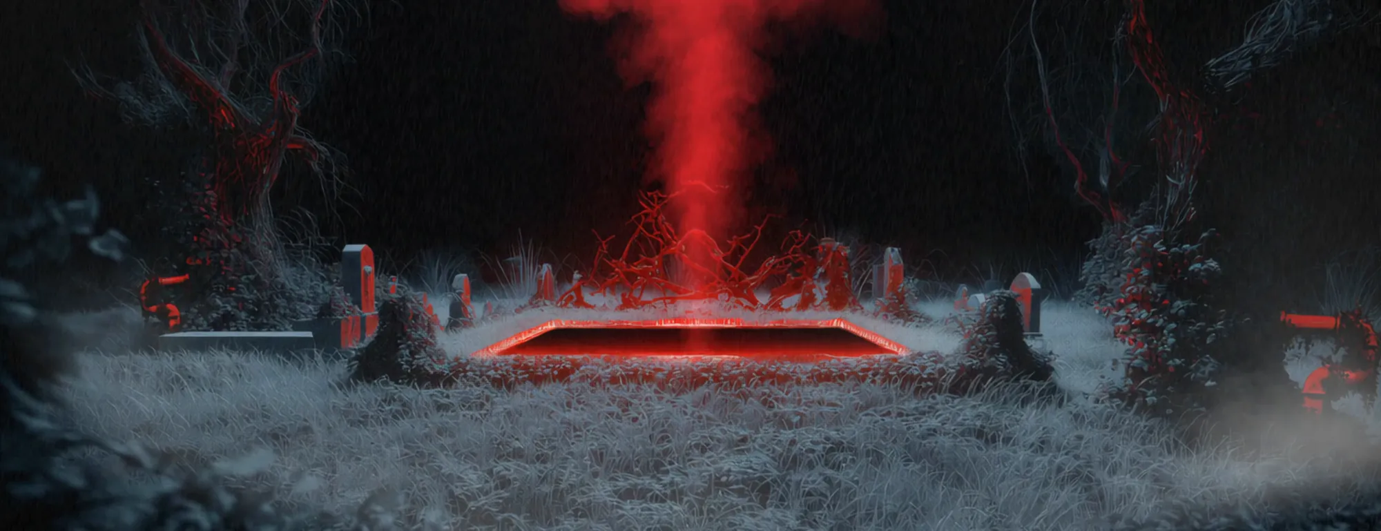 Screen content: a red portal glowing in a frosted forest