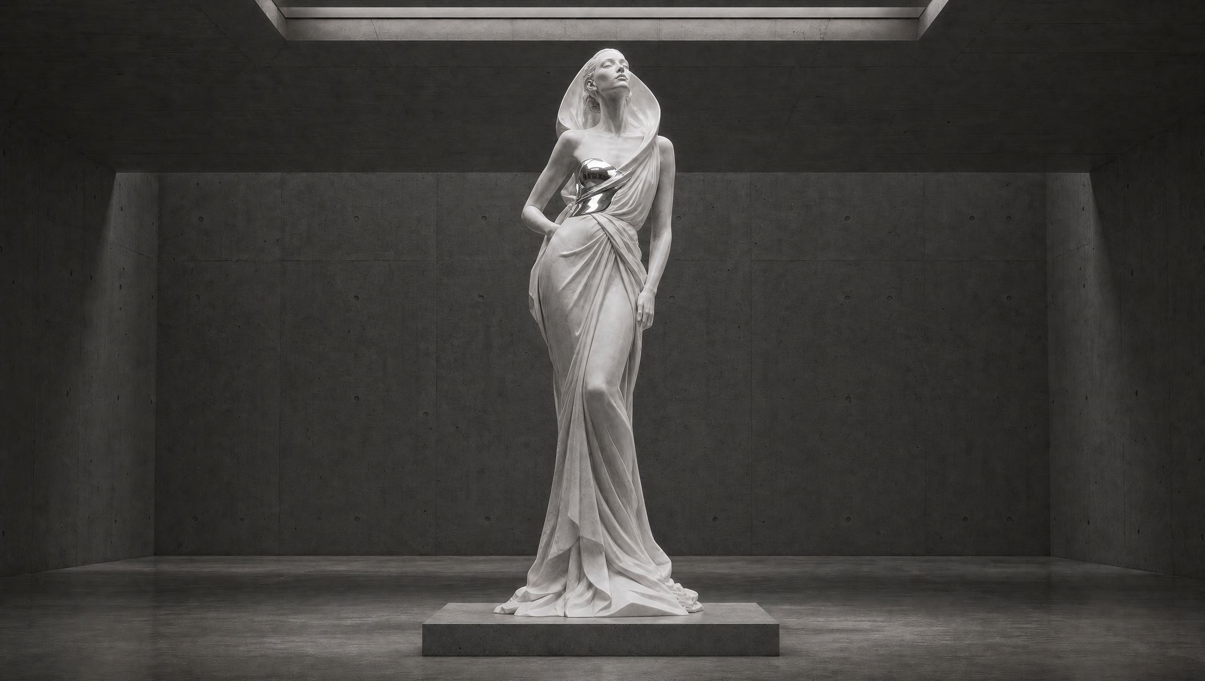 ASTRAL artwork: a hooded marble statue in a brutalist concrete gallery